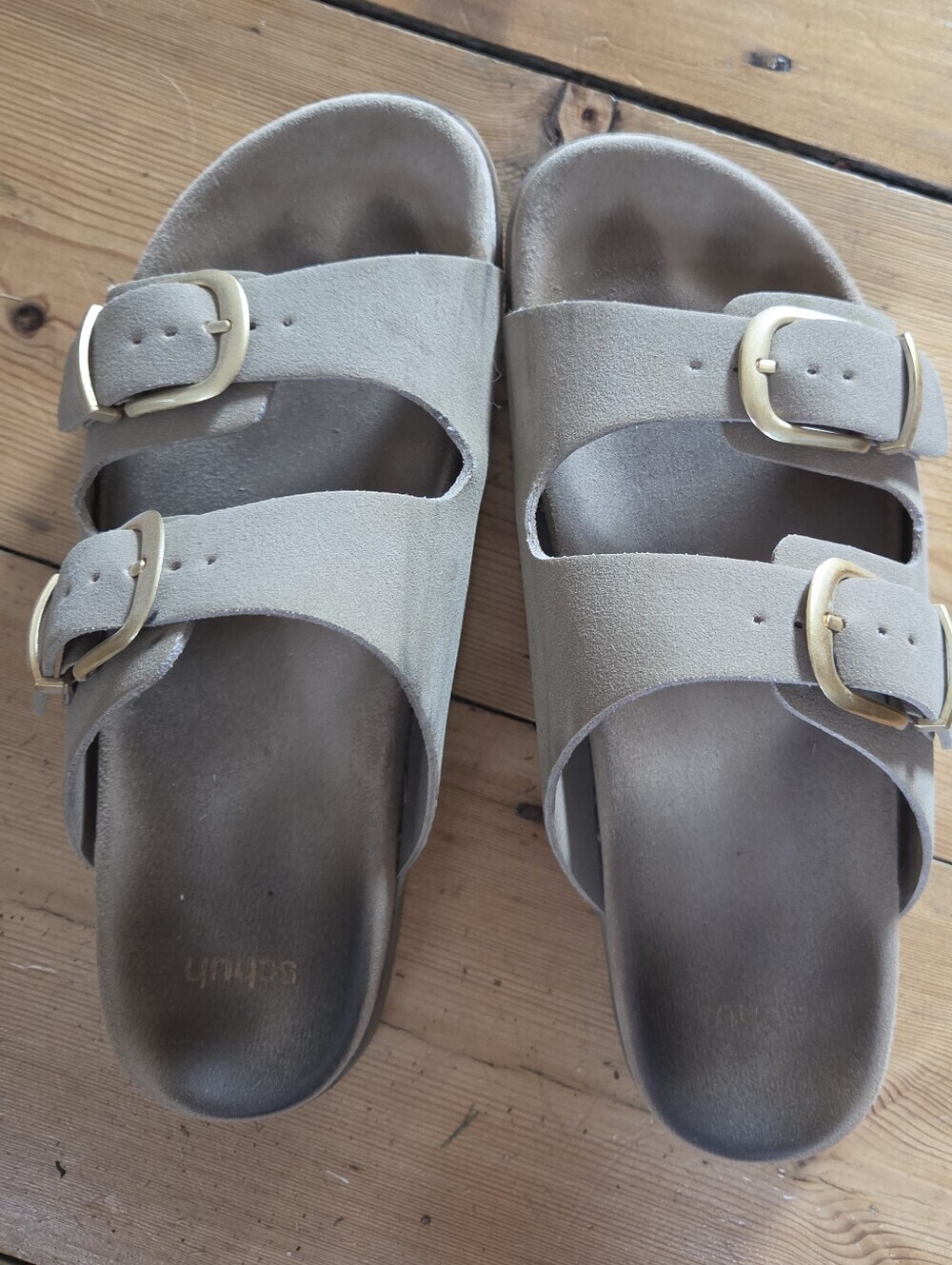 Schuh Taupe Double Buckle Footbed Slide Sandals Faux Suede US 7 EU 38 - Picture 2 of 4